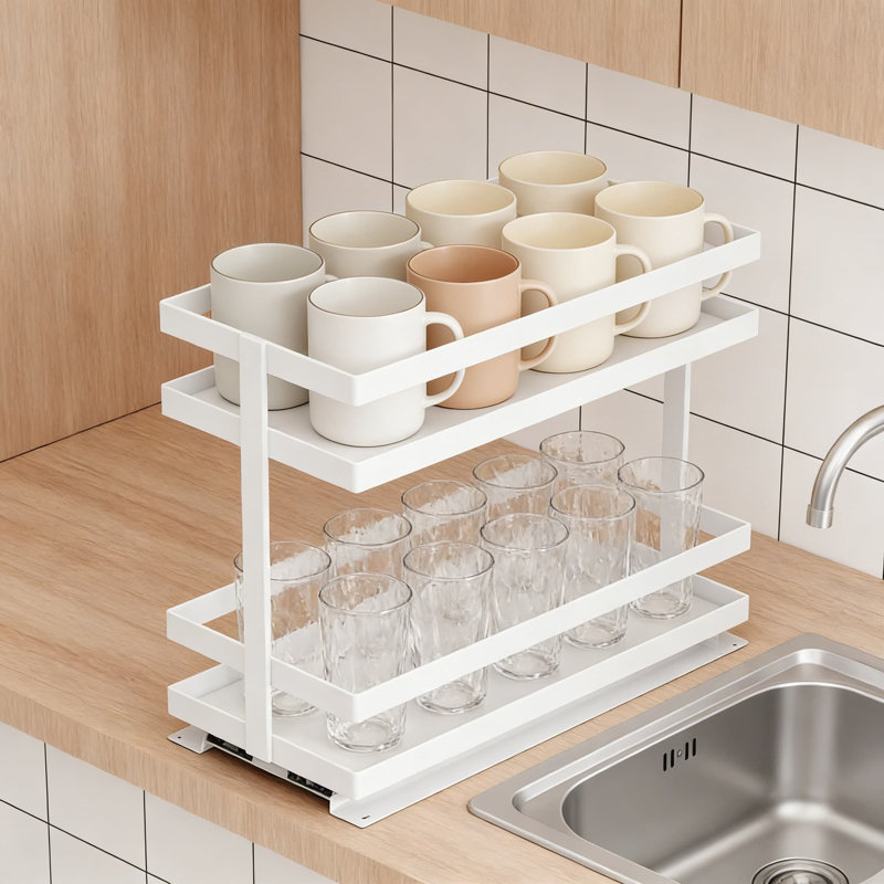 Étagère à épices escamotable pour armoire, tablette coulissante en métal robuste à 2 niveaux avec glissières à roulement à billes lisses, aucune installation de perçage, rangement vertical peu encombrant pour les armoires de cuisine