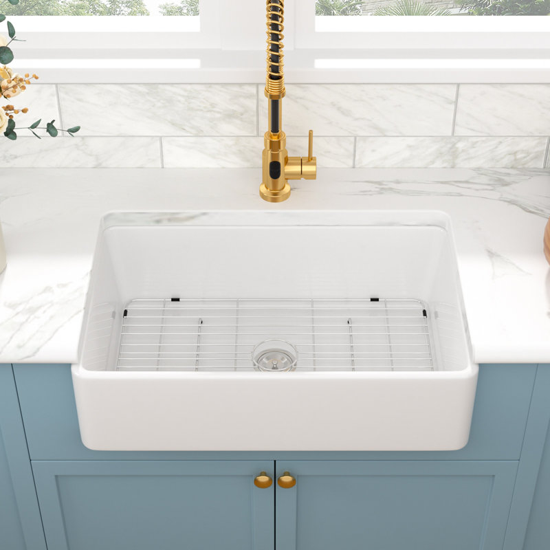 Évier de cuisine en céramique à tablier simple en argile réfractaire à tablier frontal avec grille d'évier et grille à panier L 33 po x l 20 po