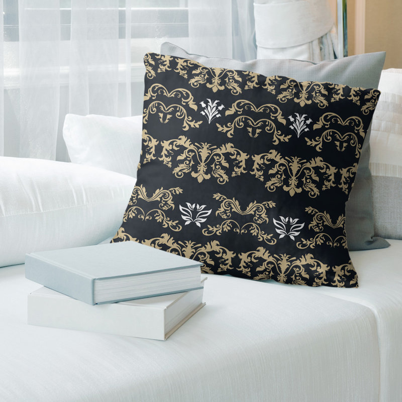 Housse et insert de coussin carré New Orleans Football Baroque, Doré antique / noir / blanc, 26 po x 26 po, Simili daim
