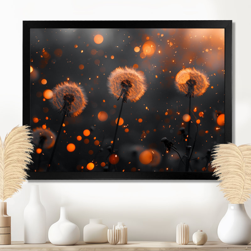 Orange doré, heure dorée, pissenlit, art mural de salon, pissenlit, Cadre simple noir, H 12 po x l 20 po x P 1 po