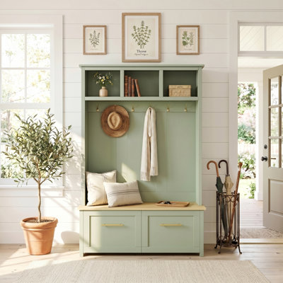 Mint Green Hall Tree with Wooden Grain Rest Bench, 3 Open Storage Compartments, Dual Storage Drawers and 6 Golden Metal Hooks for Entryway, Hall & Living Space