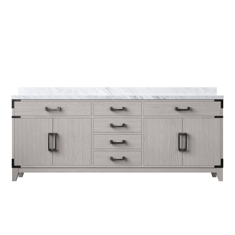 Plateau de meuble-lavabo double l 80 po x P 22 po Laurel, Marbre de Carrare blanc, Chêne blanc