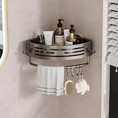 Shower Caddy Suction Cup - Gray - No-Drill Rustproof Corner Shower Shelf With 6 Portable Hooks, Removable Bathroom Organizer With Towel Bar For Hanging Storage