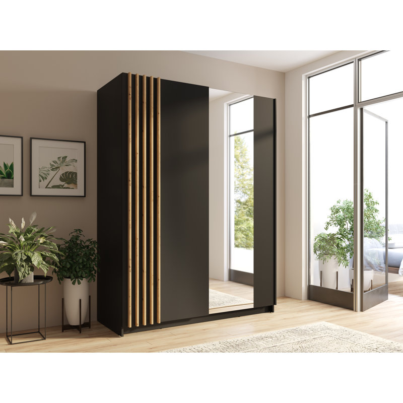 Shaelen 2 Door Laminate Wardrobe, 199cm H x 150cm W x 64cm D, Black