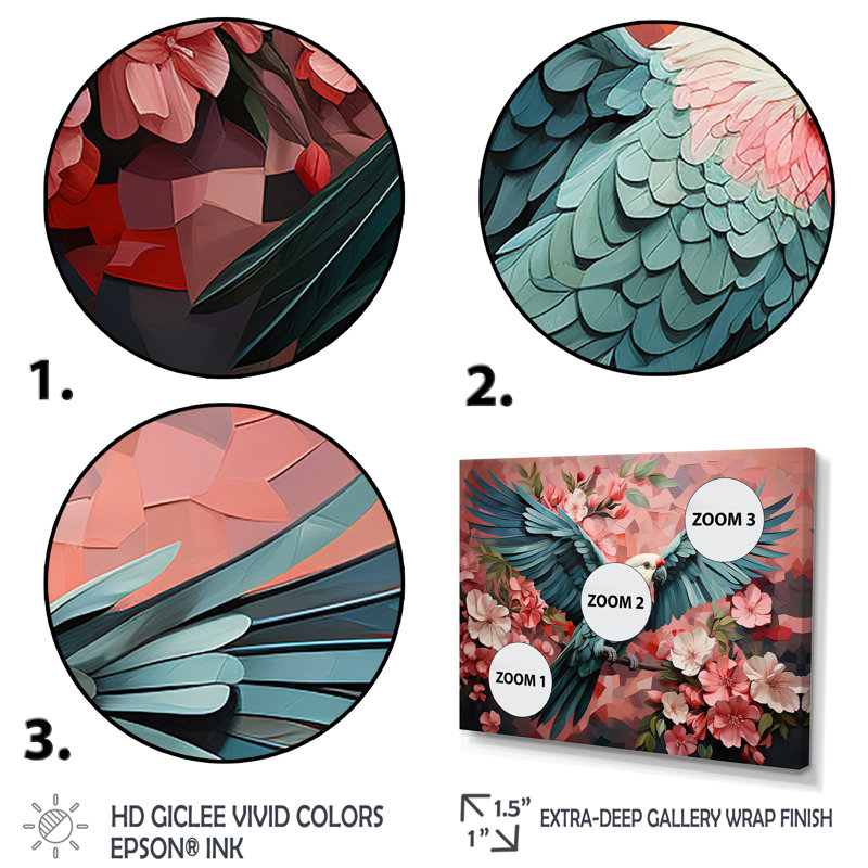 «Blue and Pink Parrot Paradise IV», art mural perroquet, H 30 po x l 40 po x P 1,5 po, Cadre doré à coins fermés