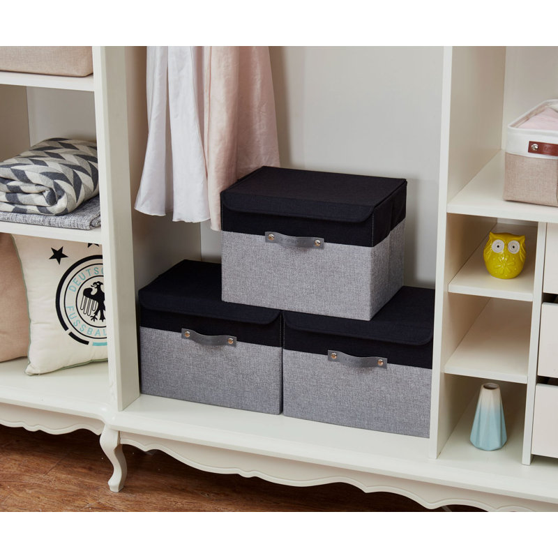 Foldable Lidded Storage Bin [3-Pack] Collapsible Sturdy Cationic Fabric Storage Basket Cube W/Handles, Grey/Black