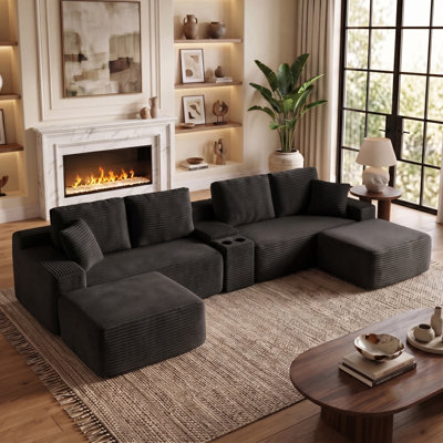 150" Oversized Cloud Boneless Sofa Couch with Cup Holder & Storage, Modern Corduroy U Shaped Modular Sectional Sofa with Deep Seat, USB Ports, No Assembly Required, Comfy Compression Couches for Living Room