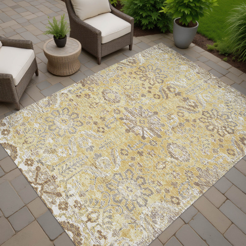Tapis damassé intérieur / extérieur lavable à la machine ACN2617, Doré, 10 pi x 14 pi
