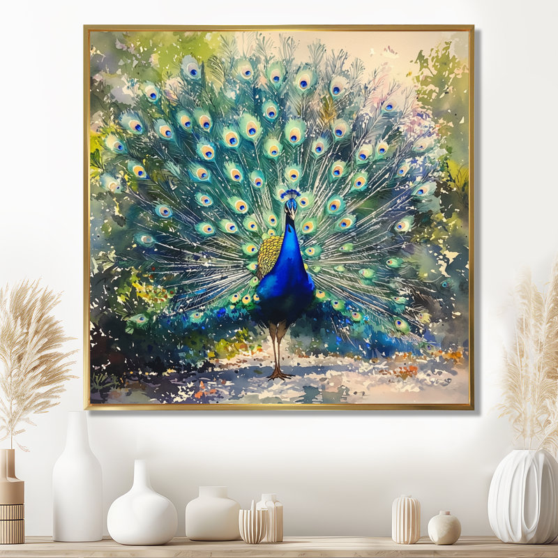 Hammack Peacock In Full Display III - bird Wall Art Decor, 36" H x 36" W, Floater Framed Print, Gold