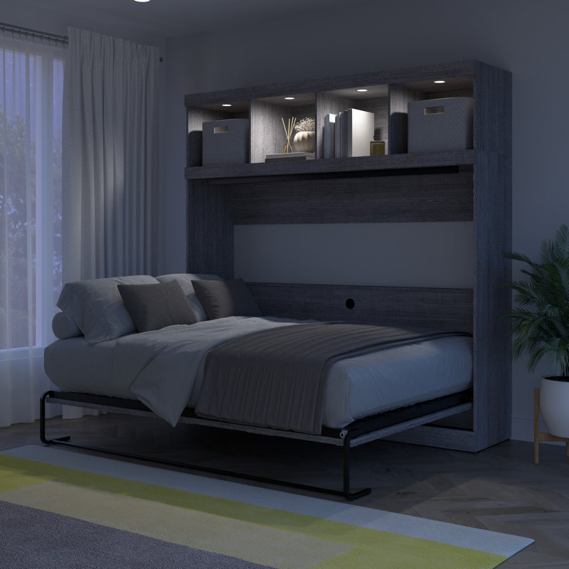 Lit escamotable horizontal de 80 W avec rangement supérieur gris écorce, Lit double, Gris foncé