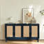 Console à panneaux texturés, buffet 4 portes pour salon, étagères réglables, table d'appoint de rangement bleue artisanale, meuble