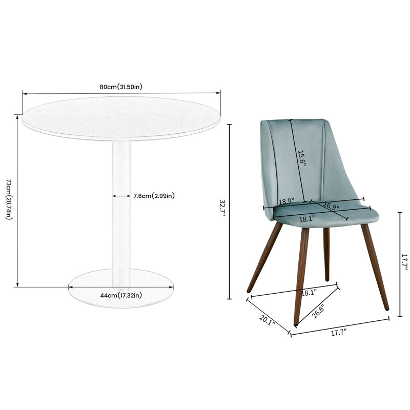 Compact 3-Piece Dining Set For Small Spaces, Round Dining Table With 2 Velvet Dining Chairs (Walnut), Lake Green