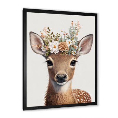 Mignon bébé cerf avec couronne florale I - animaux, art mural sur toile