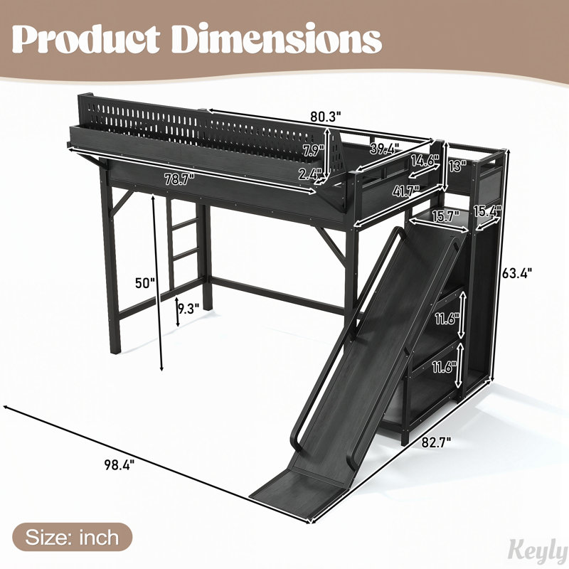 Lit mezzanine avec glissade, étagères de rangement et garde-robe, Queen, Black