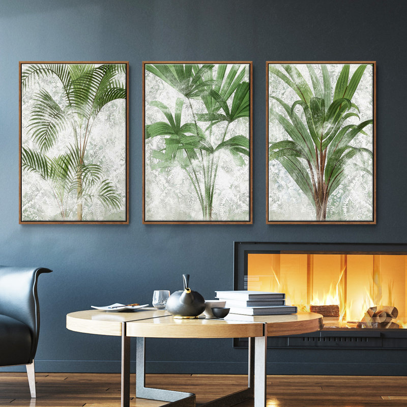 Lace Palms I, ensemble de 3 toiles encadrées sur toile, Cadre noyer, H 36 po x l 72 po
