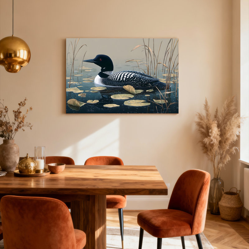 Tableau sur toile tendue « Plongeon huard dans un étang aux nénuphars » (lot de 1), H 24 po x l 36 po