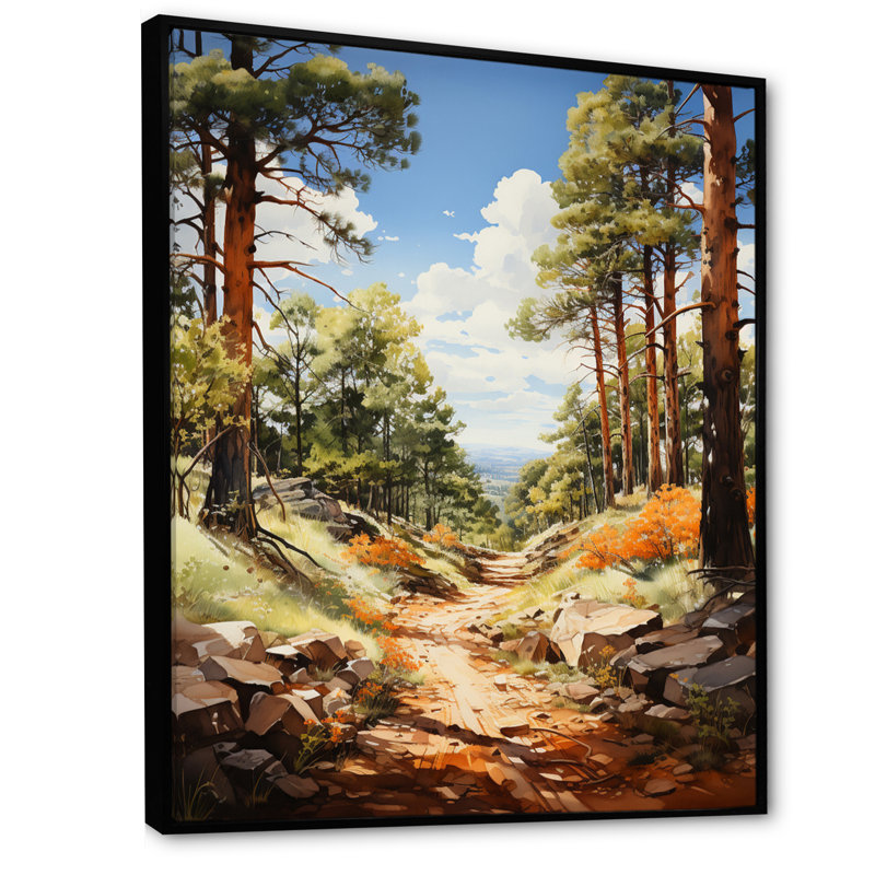 Pine Tree Sunlit Path I - reproduction de cadre flottant sur toile, Cadre photo noir, H 20 po x l 12 po x P 1 po