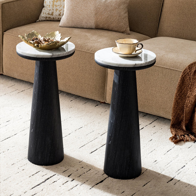 Oxner Modern Round End Table with Genuine Marble Top and Oak, White Top/Black Base