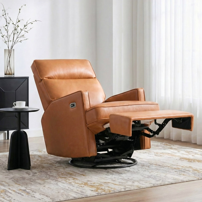 29.9" W Compact Top Grain Leather Power Swivel Rocker Recliner with USB-A and USB-C Charging, Tan