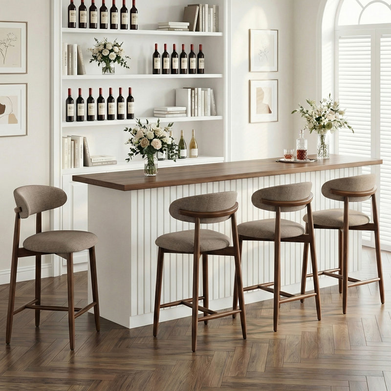 Upholstered Counter Height Bar Stool with Solid Wood legs, Camel, 4