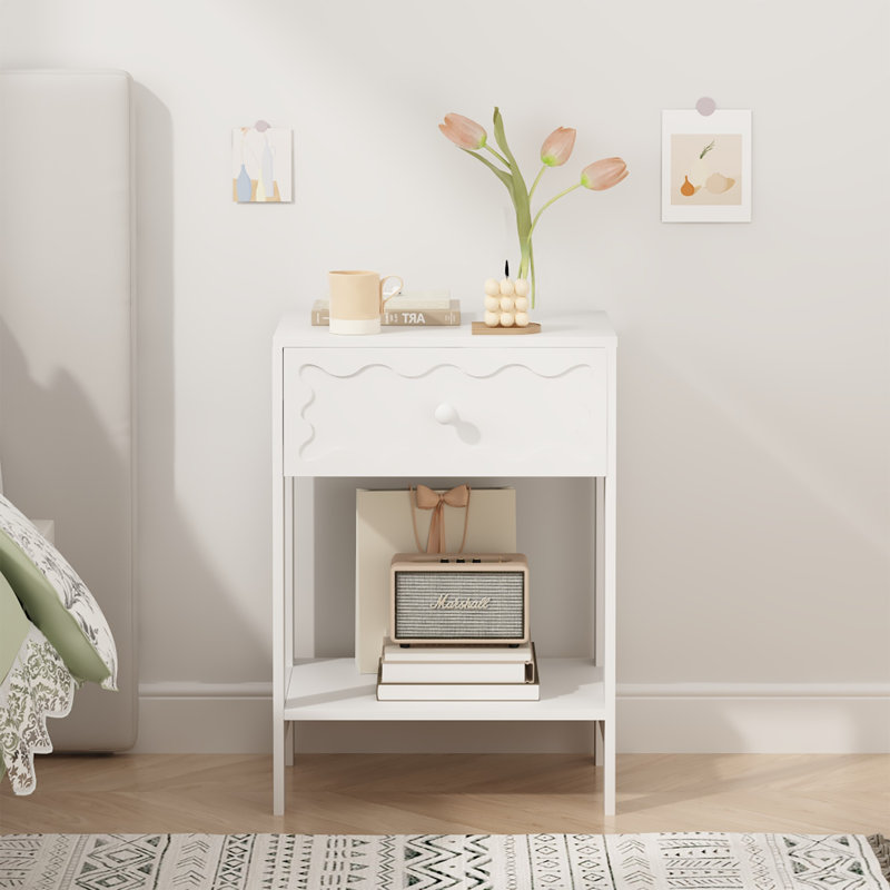 Table de chevet pour enfants avec tiroir en forme de vague, table de chevet blanche moderne, petite table de bout avec tablette de rangement ouverte pour chambre d'enfant