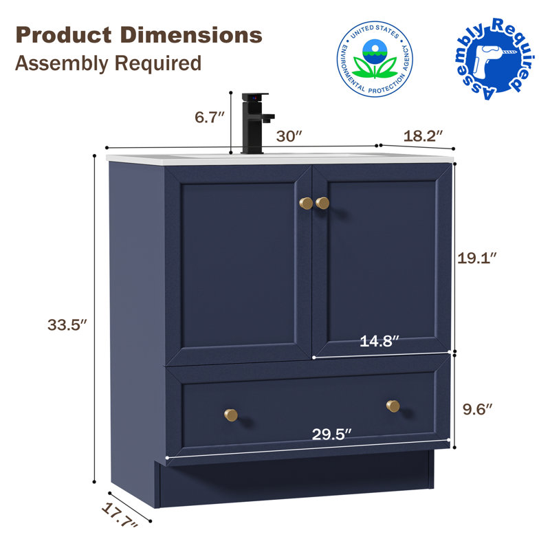 Romia 30'' Classic Bathroom Vanity with Sink Top, Bathroom Sink Faucet, Hand Paint, Gold Handles, Blue