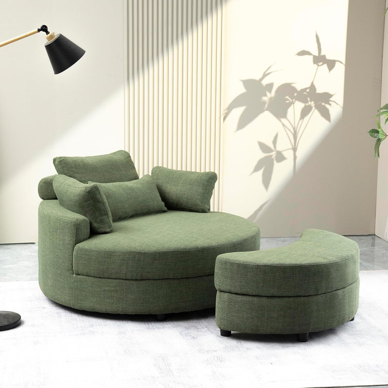 Green Modern Curved Upholstered Sofa With Ottoman, Comfy Accent Chair Set For Living Room, Green