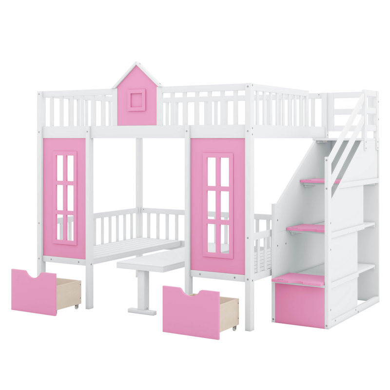 Geraine Bunk Bed with Changeable Table, Bunk Bed Turn into Upper Bed and Down Desk, Full Over Full, Pink