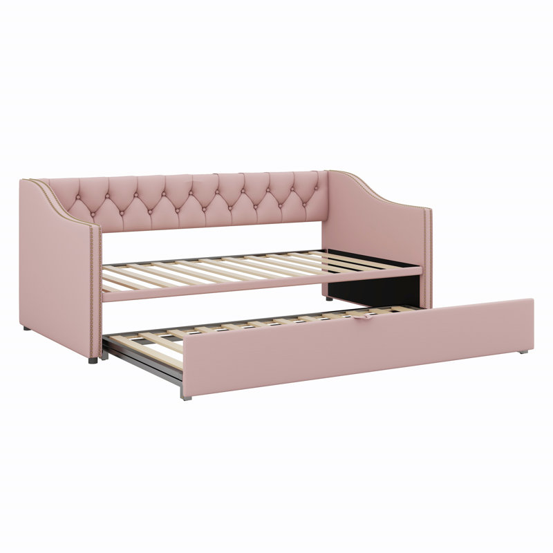 Twin Size Upholstered Daybed With Pop Up Trundle, Pink