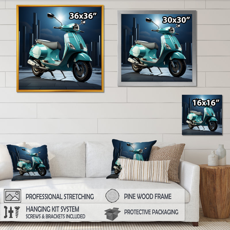 Scooter rétro sur toile, Cadre flottant doré, H 24 po x l 24 po x P 1 po