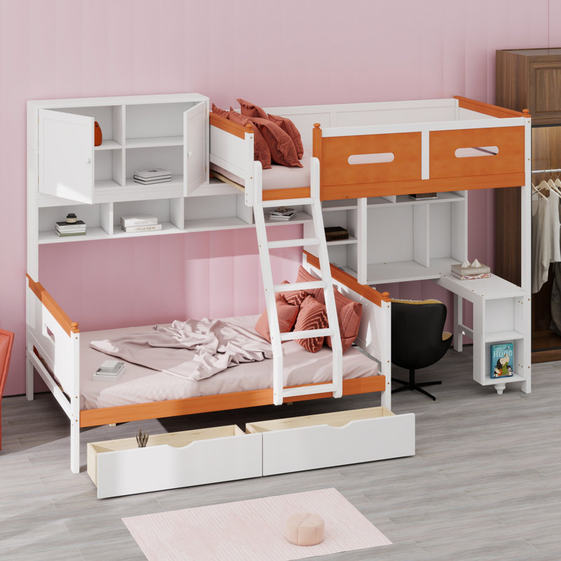 Lit superposé en bois avec bureau, tiroirs, tablettes et armoire