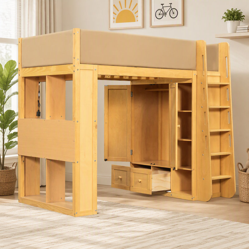 Lit mezzanine simple en bois massif avec barrières de sécurité entièrement recouvertes de cuir PU rembourré, Bois