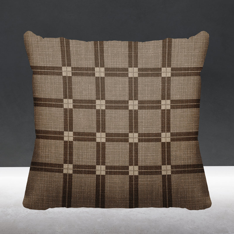 Plaid Outdoor Reversible Throw Pillow, 15" W x 15" H, Brown