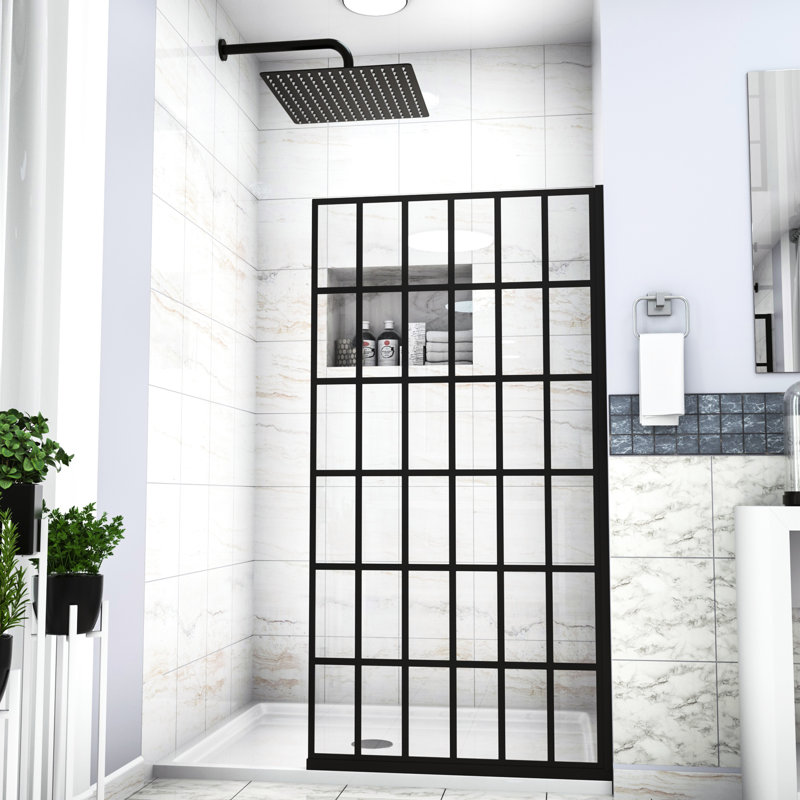 Porte de douche 34 po x 72 po en noir mat - panneau simple, entrée ouverte, option de mise à niveau de salle de bain