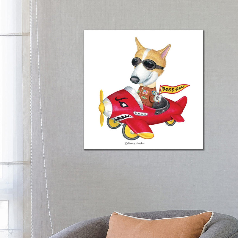 Corgi In Red Plane by Danny Gordon - Print on Canvas, 66.04 cm H x 66.04 cm W x 1.91 cm D, Wrapped Canvas