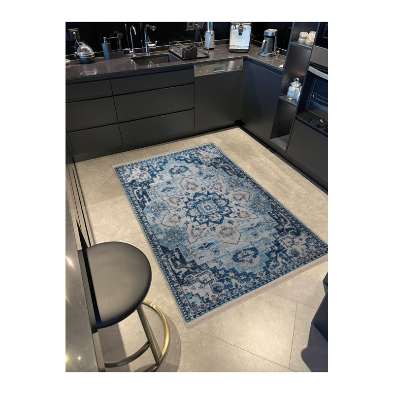 Tapis bleu lavable décoratif à motif créatif traditionnel bleu, Sous-tapis rectangulaire de 3 pi 3 po x 4 pi 11 po