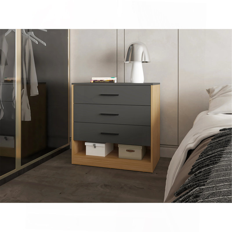 Commode à 3 tiroirs et tablette ouverte en chêne naturel et gris mat