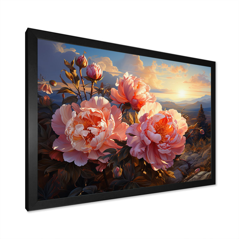Pivoines magiques au coucher du soleil I, H 34 po x l 44 po x P 1,5 po, Cadre photo noir simple