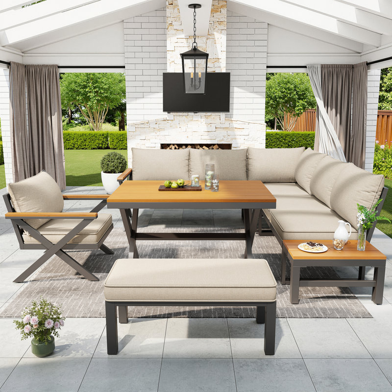 8 - Person Patio Dining Set Rectangular Table, Beige