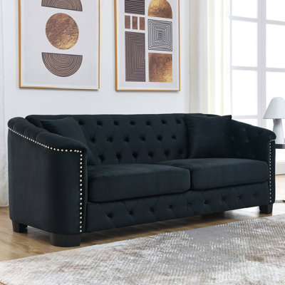 Ensemble de canapé en velours Chelsfield, avec coussins de siège très profonds avec accoudoirs rembourrés, boutons capitonnés et clous en laiton, avec coussins décoratifs et pieds en plastique
