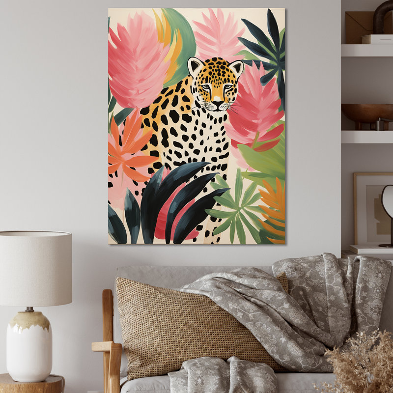 Vert et rose léopard, élégance tropicale I - art mural léopard / guépard, H 44 po x l 34 po x P 1,5 po, Cadre simple noir
