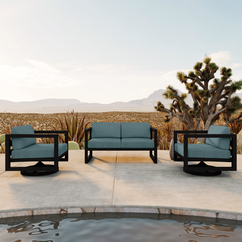 Avion 3 Piece Loveseat Set With Swivel, Slate, Cast Lagoon Sunbrella® Plainweave