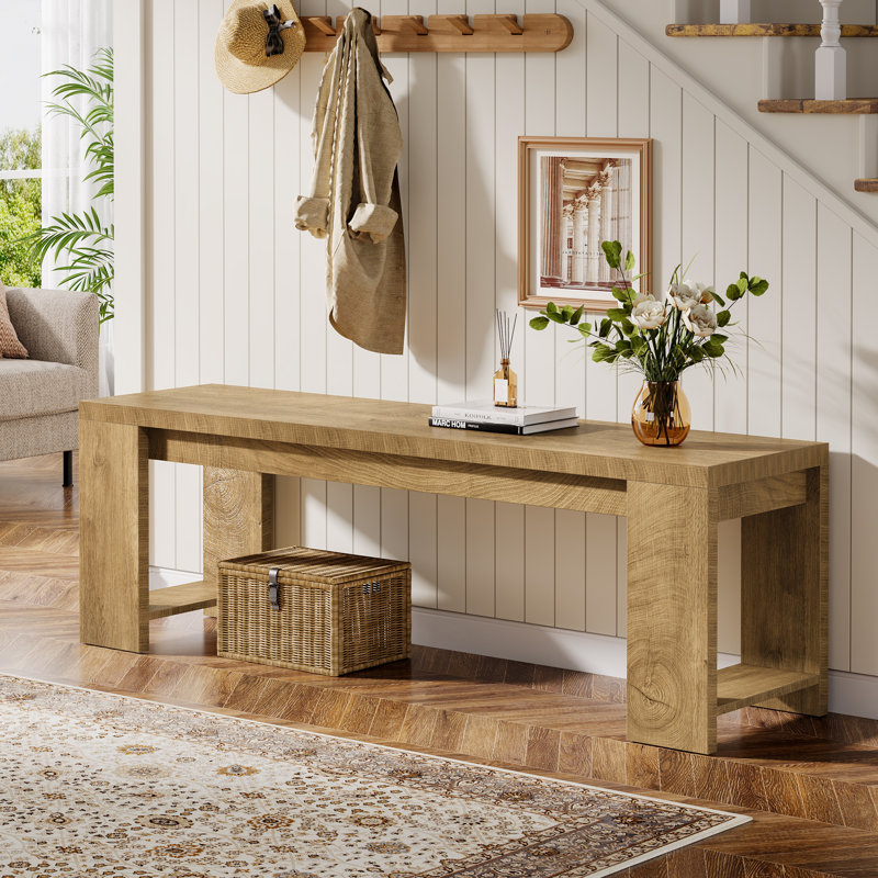 Modern Farmhouse Entryway Bench with Shoe Storage, Rustic Brown Wooden Bench for Hallway or Bedroom