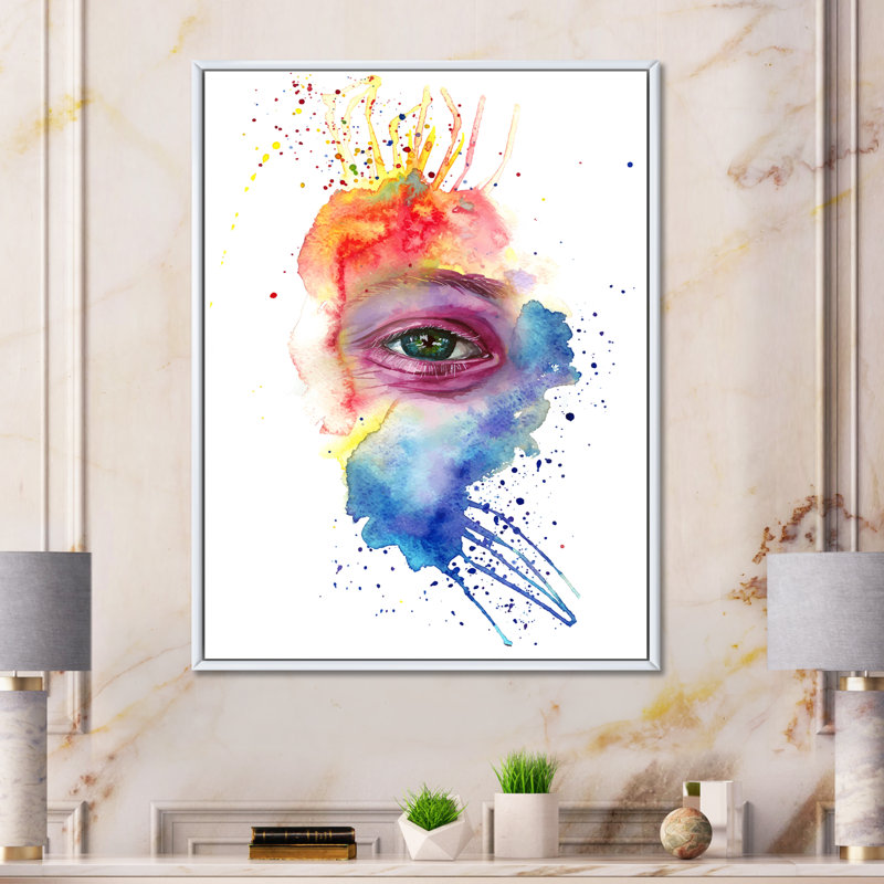 Détail d'un œil sur un visage multicolore - peinture sur toile, Toile blanche encadrée, H 32 po x l 24 po x P 1 po