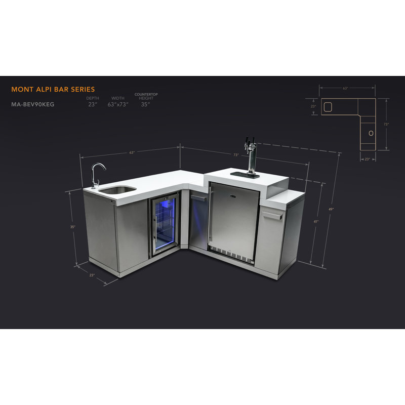 Mont Alpi Bar Series Ma-bev90keg 90 Degree Stainless Steel Outdoor Rated 3 Beer Tap Kegerator Keg Dispenser + Wine Cooler Beverage Center Refrigerator + Granite Countertops + Faucet & Sink