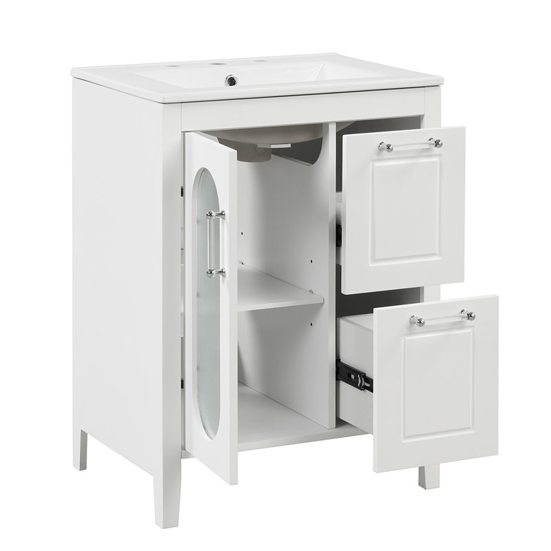 Armoire de meuble-lavabo avec deux tiroirs et porte, Blanc