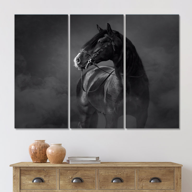 Portrait d'un cheval andalou noir - reproduction d'art sur toile traditionnelle, H 32 po x l 48 po x P 1 po