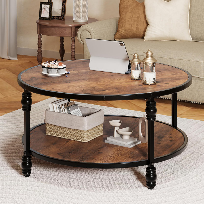 Table basse ronde pour le salon Table de centre rustique avec tablette de rangement Table basse circulaire en bois avec pieds robustes en métal