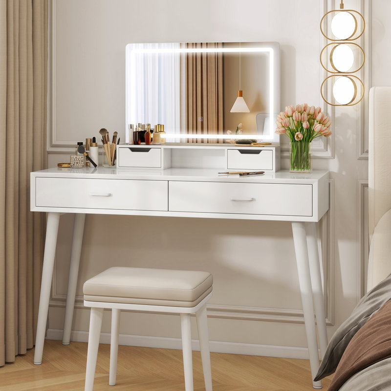 Large Hollywood Vanity Mirror with LED Light Strip, Tabletop Cosmetic Dressing Table Mirror with 2 Drawers & Open Storage, Smart Touch Control, White