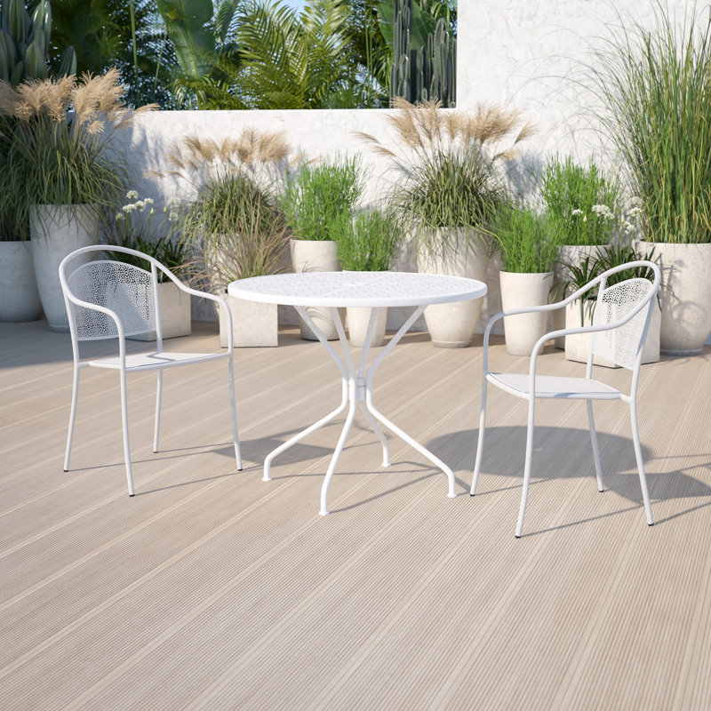 Chanea 35.25" Round Indoor-Outdoor Steel Patio Table-Umbrella Hole-Restaurant Seating, White